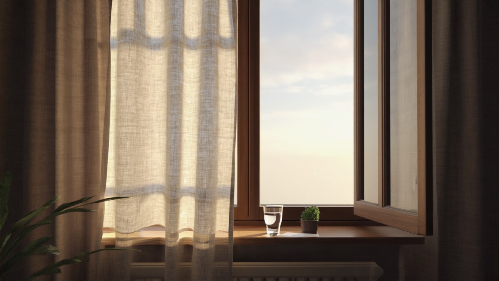 Offenes Fenster mit im Wind wehendem Leinenvorhang, Sonnenlicht auf dem Sims, ein Glas Wasser und eine kleine Pflanze