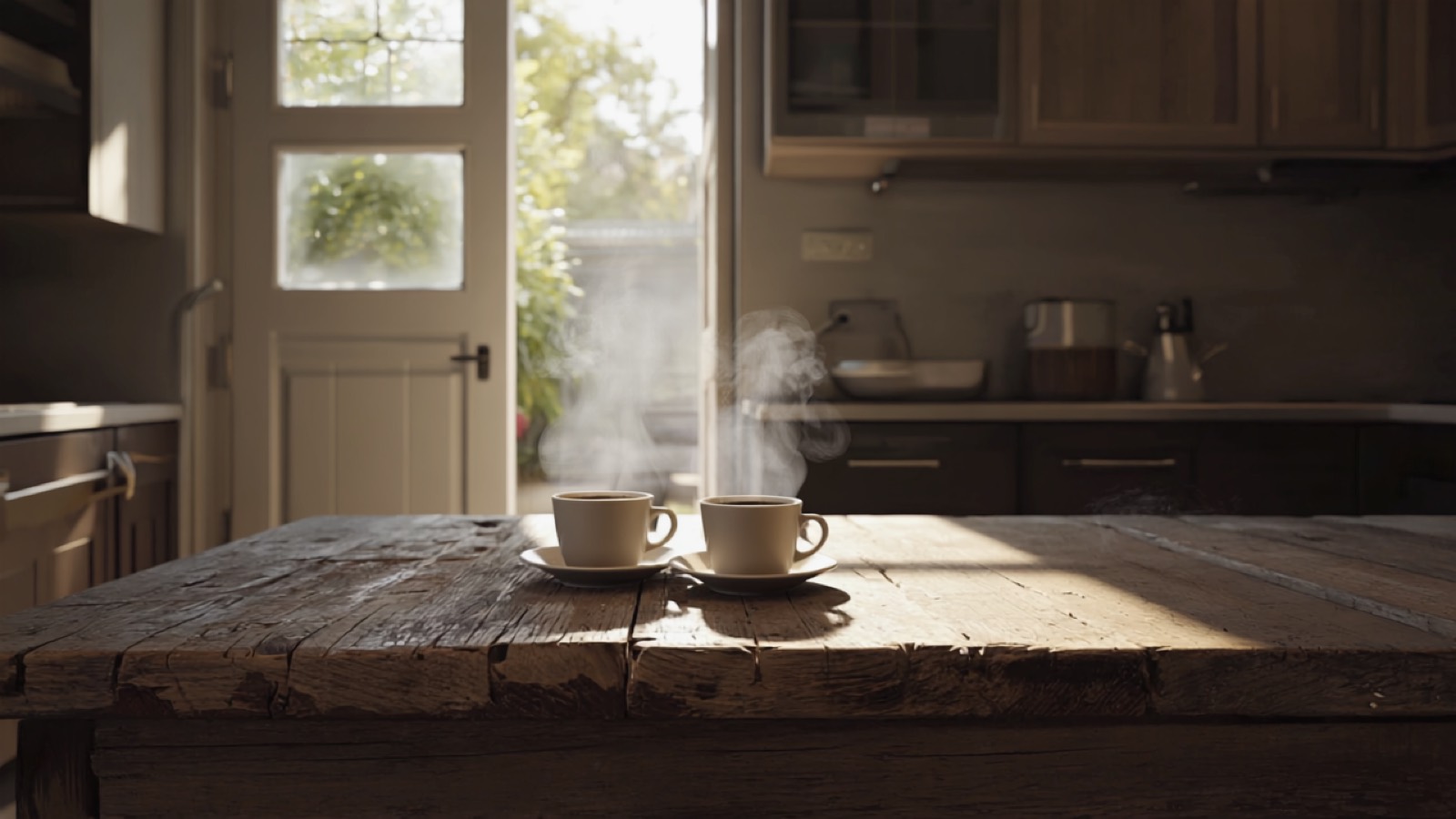 Zwei Tassen Kaffee auf einem Holztisch, im Hintergrund ein leicht geöffnetes Gartentor im warmen Nachmittagslicht