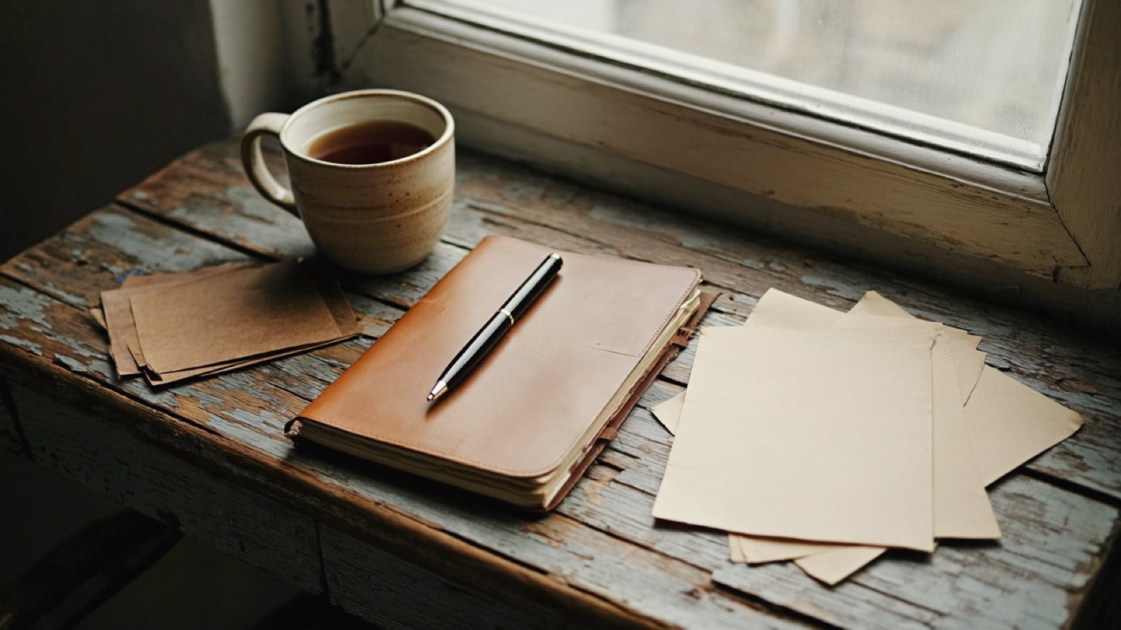 Schreibtisch am Fenster im Morgenlicht mit kalt gewordener Tasse Tee, geschlossenem Notizbuch und verstreuten Papieren